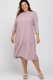 Lavender Tiered Ribbed 3/4 Sleeve Plus Midi Dress