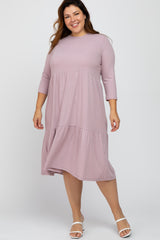 Lavender Tiered Ribbed 3/4 Sleeve Plus Maternity Midi Dress