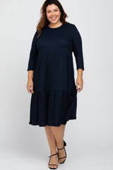 Navy Tiered Ribbed 3/4 Sleeve Plus Maternity Midi Dress