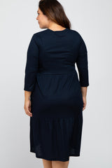 Navy Tiered Ribbed 3/4 Sleeve Plus Midi Dress