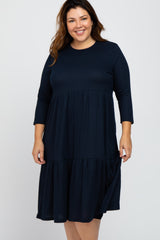 Navy Tiered Ribbed 3/4 Sleeve Plus Midi Dress