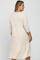 Beige Tiered Ribbed 3/4 Sleeve Plus Maternity Midi Dress