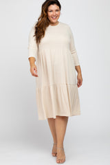 Beige Tiered Ribbed 3/4 Sleeve Plus Midi Dress