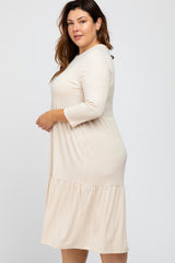 Beige Tiered Ribbed 3/4 Sleeve Plus Midi Dress