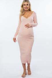 Pink V-Neck Long Sleeve Fitted Maternity Maxi Dress