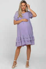 Lavender Chiffon Swiss Dot Ruffle Hem Maternity Midi Dress