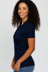 Navy Blue Solid Short Sleeve Wrap Front Nursing Top