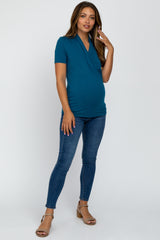 Teal Solid Short Sleeve Wrap Front Maternity/Nursing Top