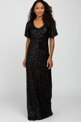 Black Sequin Short Sleeve Maternity Maxi Dress