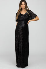 Black Sequin Short Sleeve Maternity Maxi Dress