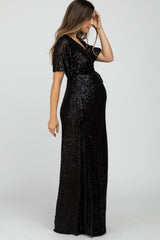 Black Sequin Short Sleeve Maternity Maxi Dress