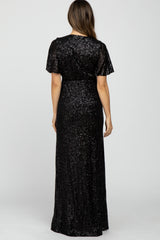 Black Sequin Short Sleeve Maternity Maxi Dress