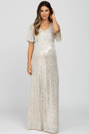 Cream Sequin Short Sleeve Maternity Maxi Dress