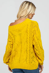 Yellow Cable Knit Off Shoulder Bubble Sleeve Sweater