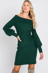 Forest Green Off Shoulder Bubble Sleeve Sweater Dress