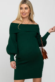 Forest Green Off Shoulder Bubble Sleeve Maternity Sweater Dress