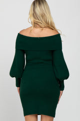 Forest Green Off Shoulder Bubble Sleeve Maternity Sweater Dress