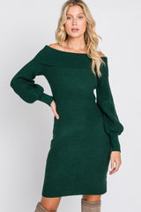 Forest Green Off Shoulder Bubble Sleeve Sweater Dress