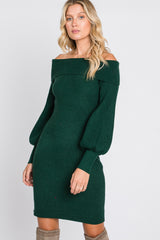 Forest Green Off Shoulder Bubble Sleeve Sweater Dress