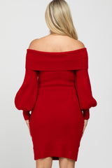 Red Off Shoulder Bubble Sleeve Maternity Sweater Dress