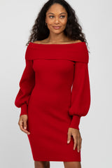 Red Off Shoulder Bubble Sleeve Maternity Sweater Dress