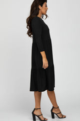 Black Tiered Ribbed 3/4 Sleeve Midi Dress