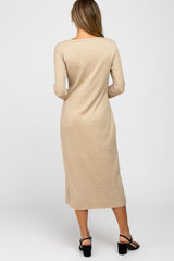 Beige Ribbed Button Front Midi Cardigan Dress