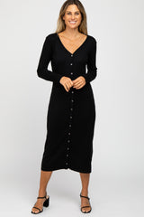 Black Ribbed Button Front Midi Cardigan Dress