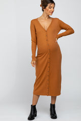 Rust Ribbed Button Front Midi Cardigan Maternity Dress