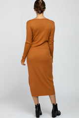 Rust Ribbed Button Front Midi Cardigan Maternity Dress