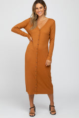 Rust Ribbed Button Front Midi Cardigan Maternity Dress