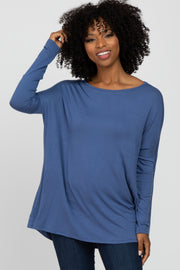 Blue Wide Neck Long Sleeve Top