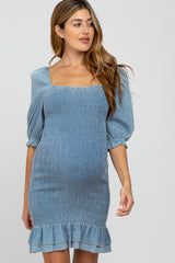 Light Blue Square Neck Smocked Denim Maternity Dress