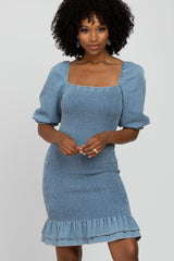 Light Blue Square Neck Smocked Denim Maternity Dress