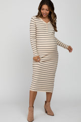 Cream Ribbed Striped Maternity Midi Dress