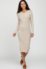 Cream Ribbed Striped Maternity Midi Dress