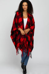 Red Plaid Fringe Poncho