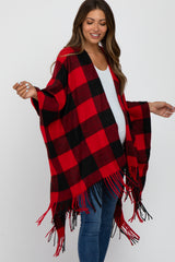 Red Plaid Fringe Maternity Poncho