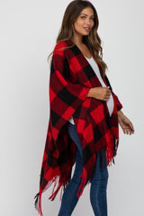 Red Plaid Fringe Maternity Poncho