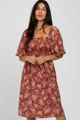 Rust Floral Square Neck Smocked Midi Dress