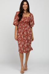 Rust Floral Square Neck Smocked Midi Dress