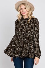 Black Animal Print Mock Neck Tiered Top