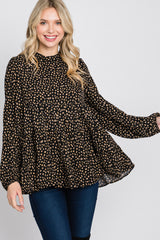 Black Animal Print Mock Neck Tiered Top