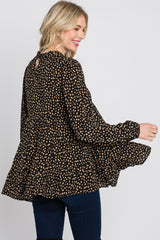 Black Animal Print Mock Neck Tiered Top