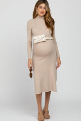 Beige Mock Neck Flared Maternity Midi Dress