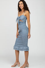 Blue Gingham Print Smocked Fitted Self-Tie Midi Dress