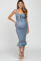 Blue Gingham Print Smocked Fitted Self-Tie Maternity Midi Dress