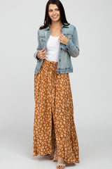 Rust Floral Smocked Drawstring Waist Slit Maternity Maxi Skirt