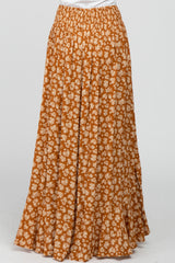 Rust Floral Smocked Drawstring Waist Slit Maxi Skirt