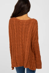 Camel V-Neck Side Slit Cable Knit Sweater